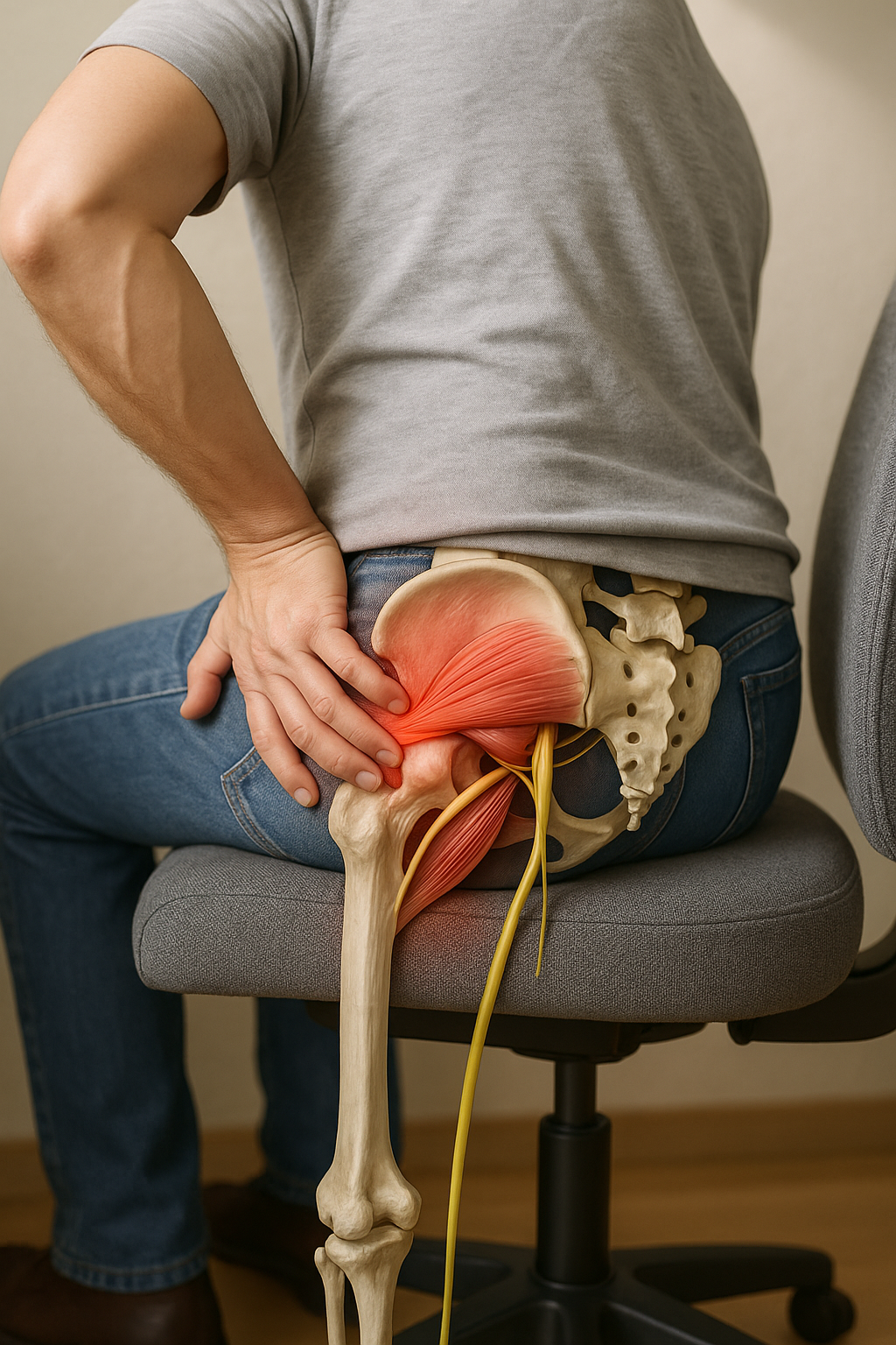 Lindra smärta i vänster skinka med rätt egenvård och ergonomi - Illustration