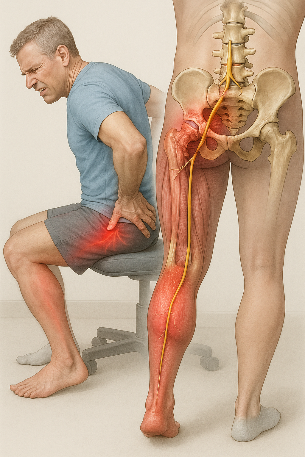 Bli fri från ischiassmärtor med rätt egenvård och ergonomi - Illustration