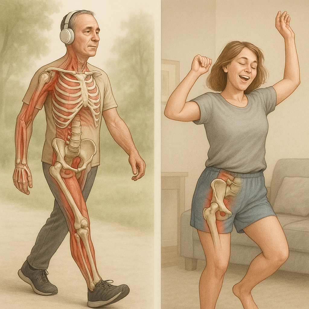 Upptäck rolig motion som ger glädje och lättnad även vid smärta och stillasittande jobb - Illustration