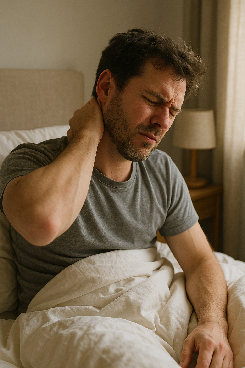 Bli kvitt morgonens nacksmärta med rätt sovställning och ergonomi - Illustration