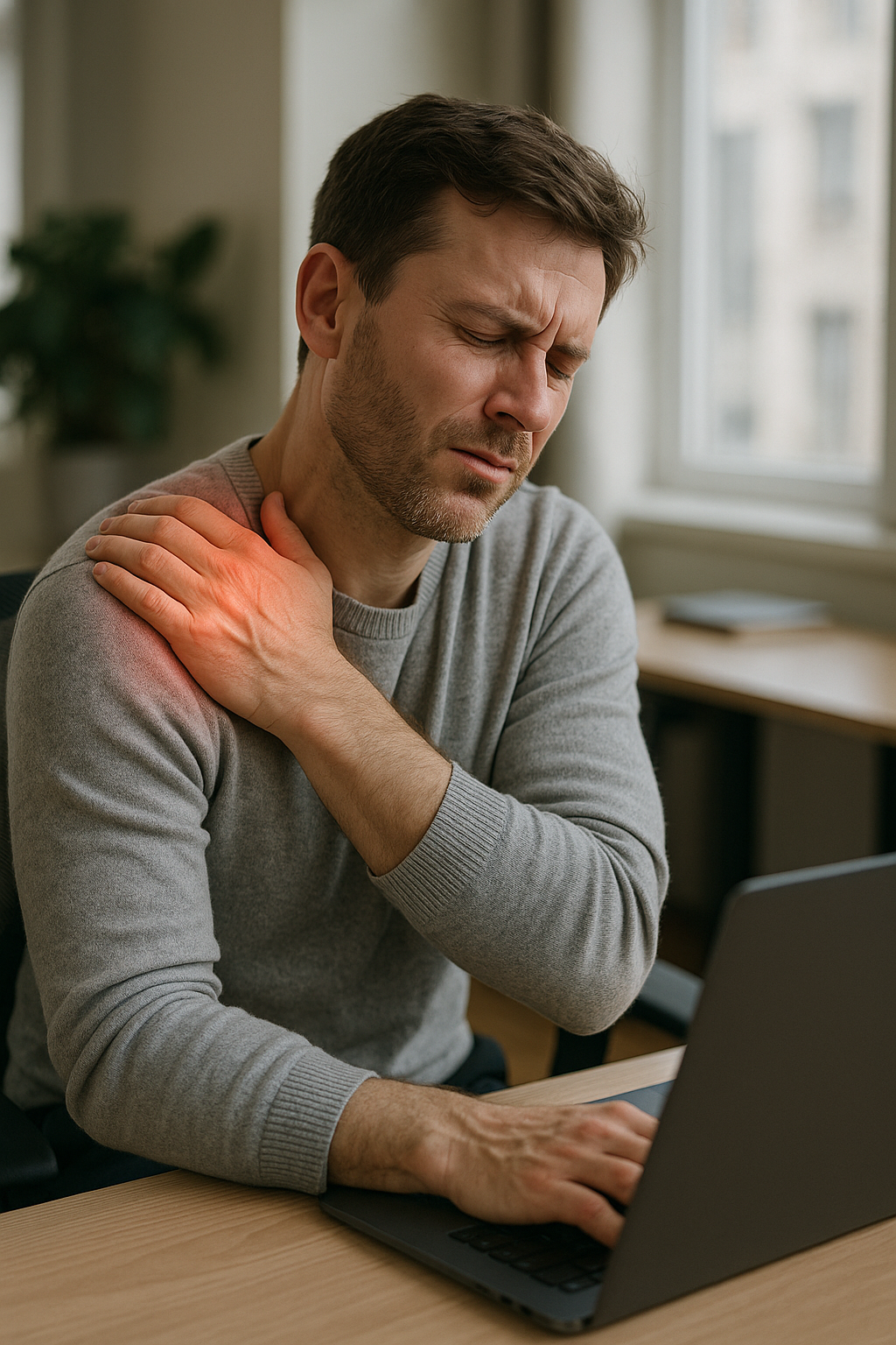 Så lindrar du smärtan i skuldran med rätt hållning och ergonomi - Illustration